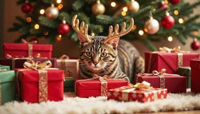 Bengal Cat Wearing Reindeer Antlers With Christmas Gifts