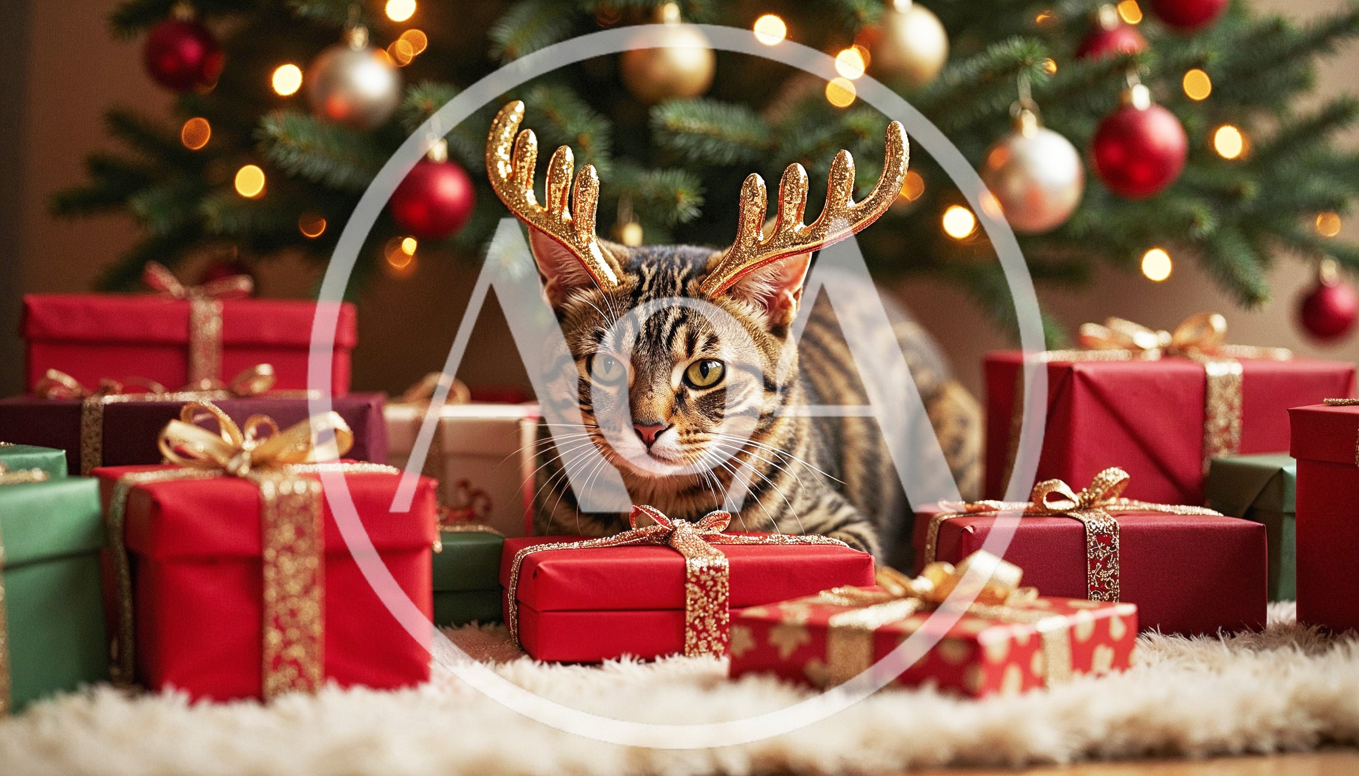Bengal Cat Wearing Reindeer Antlers With Christmas Gifts