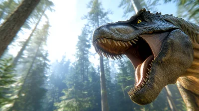 Tyrannosaurus Rex Roaring in a Sunlit Pine Forest