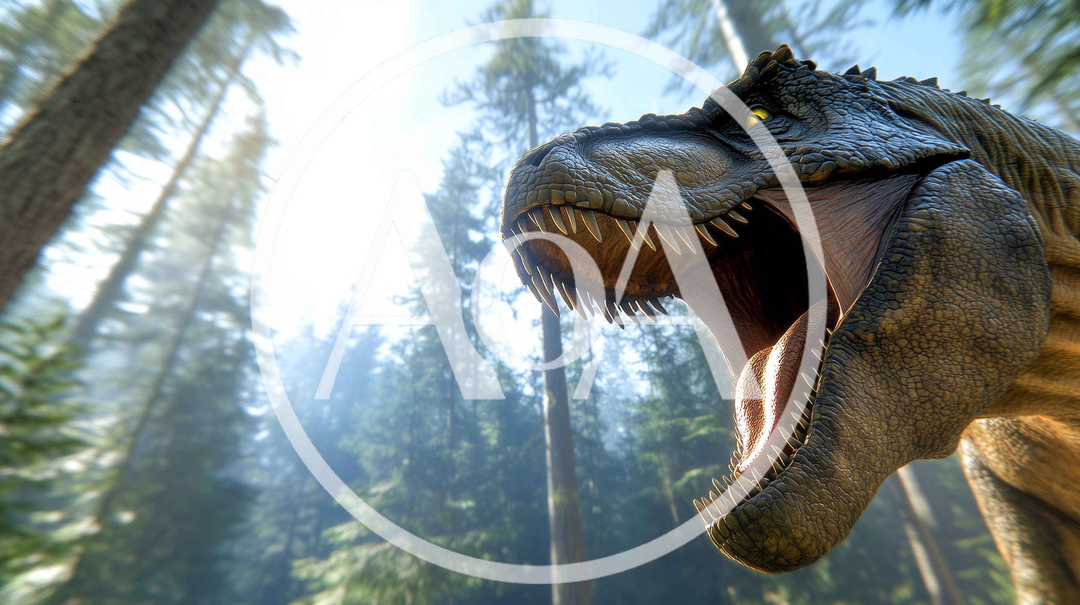Tyrannosaurus Rex Roaring in a Sunlit Pine Forest