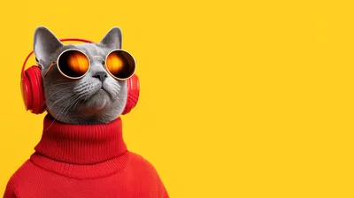 Cool Gray Cat Wearing Red Headphones and Sweater