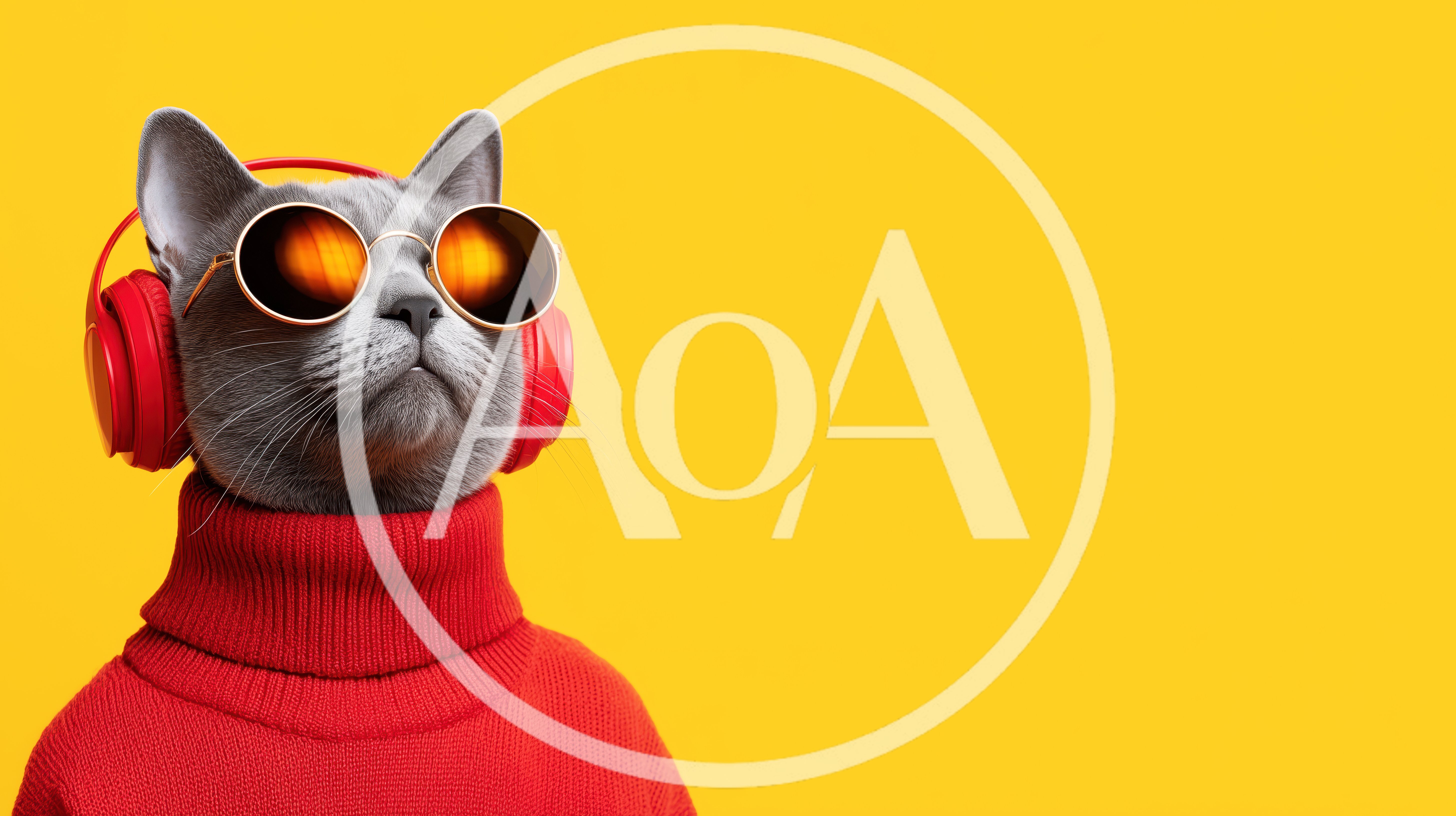Cool Gray Cat Wearing Red Headphones and Sweater