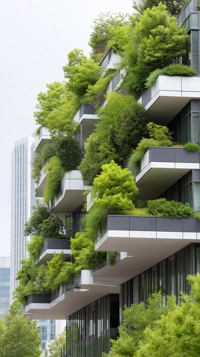 Modern Residential Building With Lush Vertical Garden Balconies