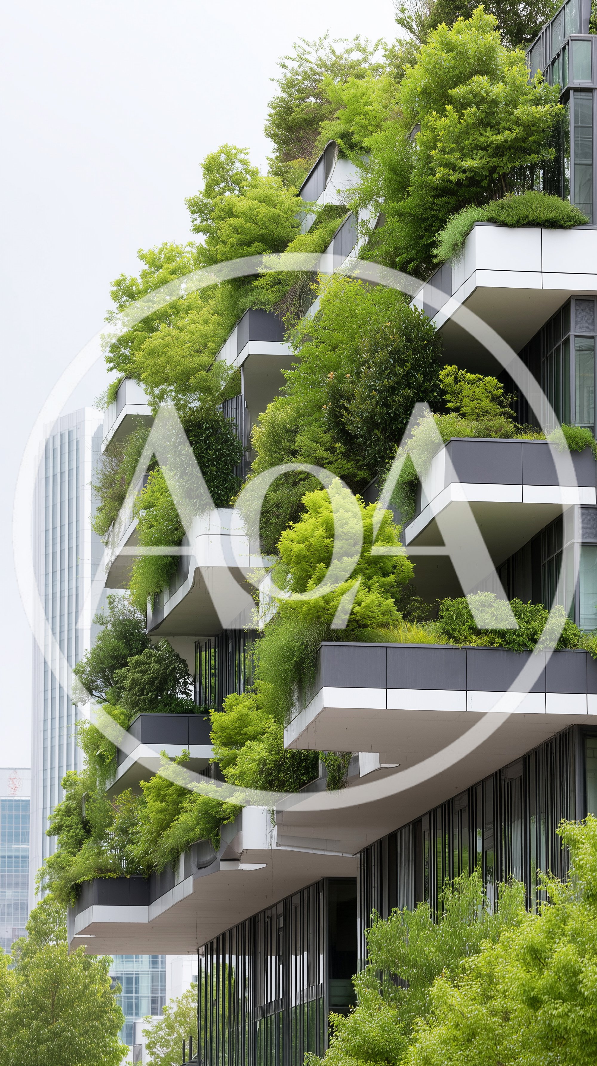 Modern Residential Building With Lush Vertical Garden Balconies