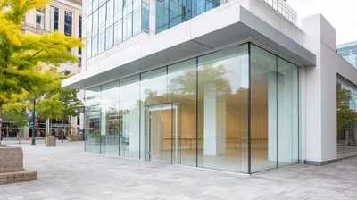 Modern Glass Storefront Exterior In Urban Plaza