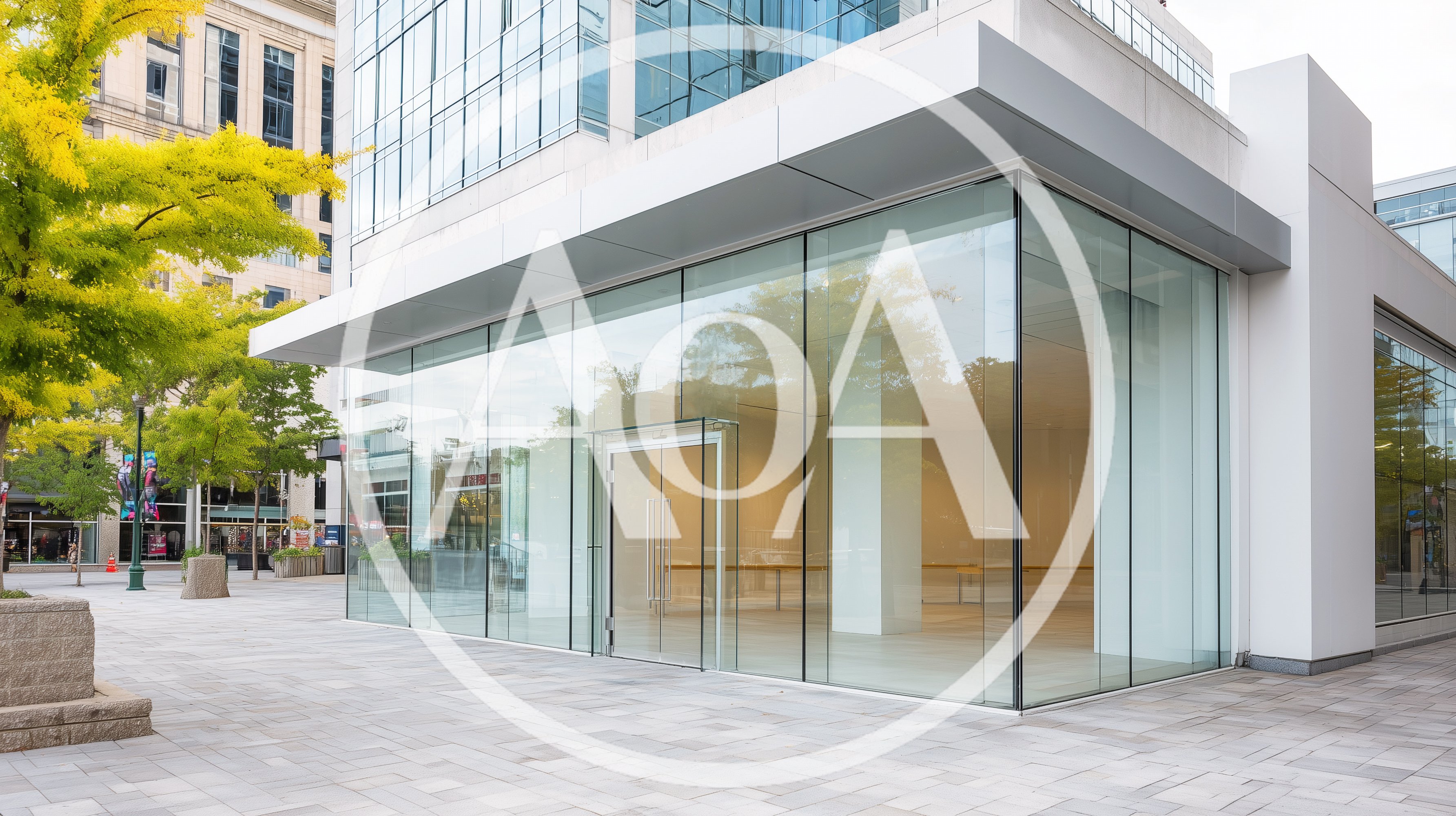 Modern Glass Storefront Exterior In Urban Plaza