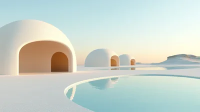 Minimalist White Dome Structures Near Reflective Water Pools