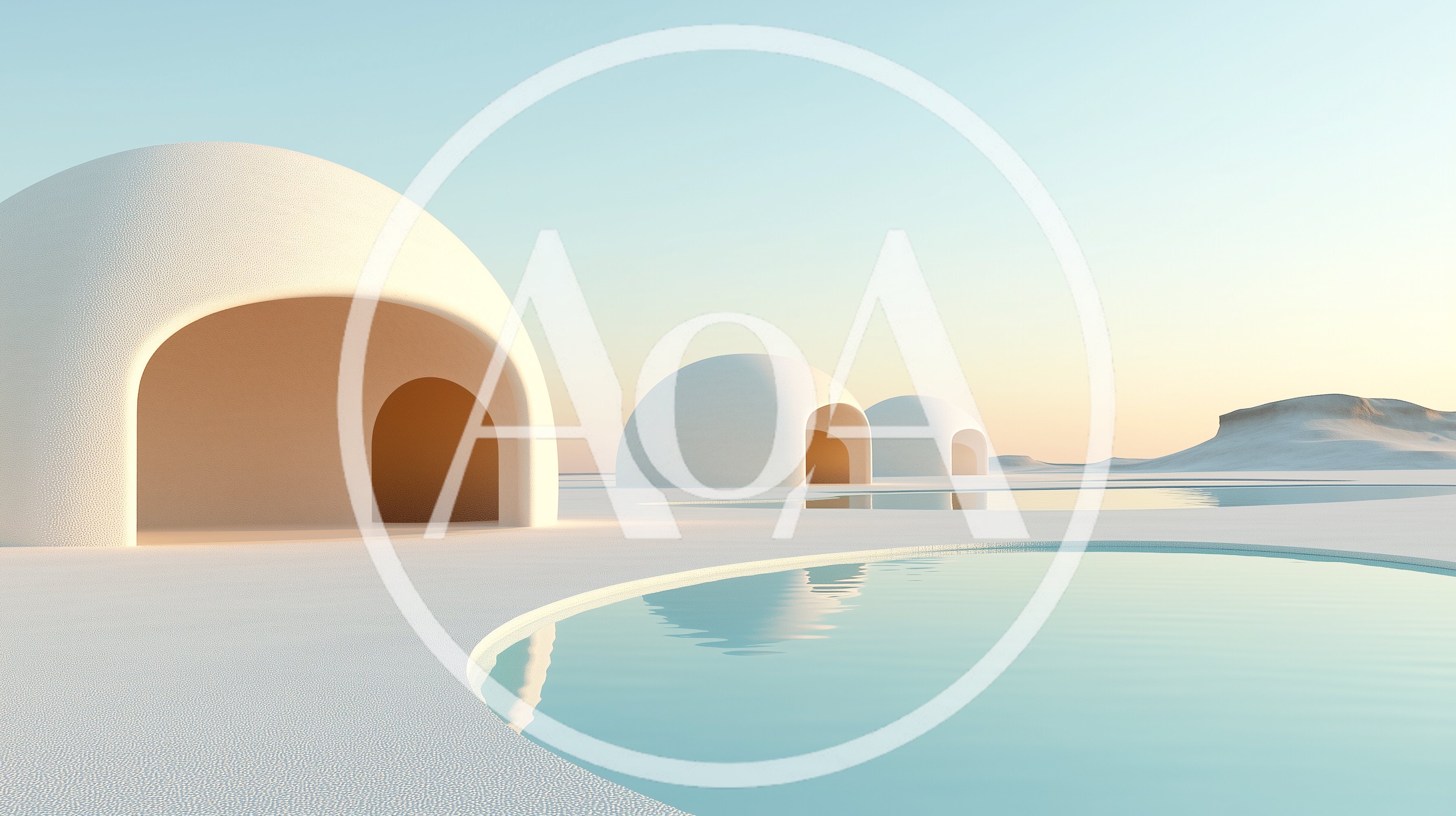 Minimalist White Dome Structures Near Reflective Water Pools