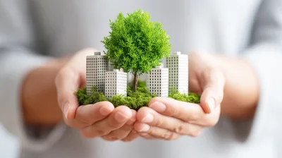Hands Holding Miniature Buildings And A Green Tree