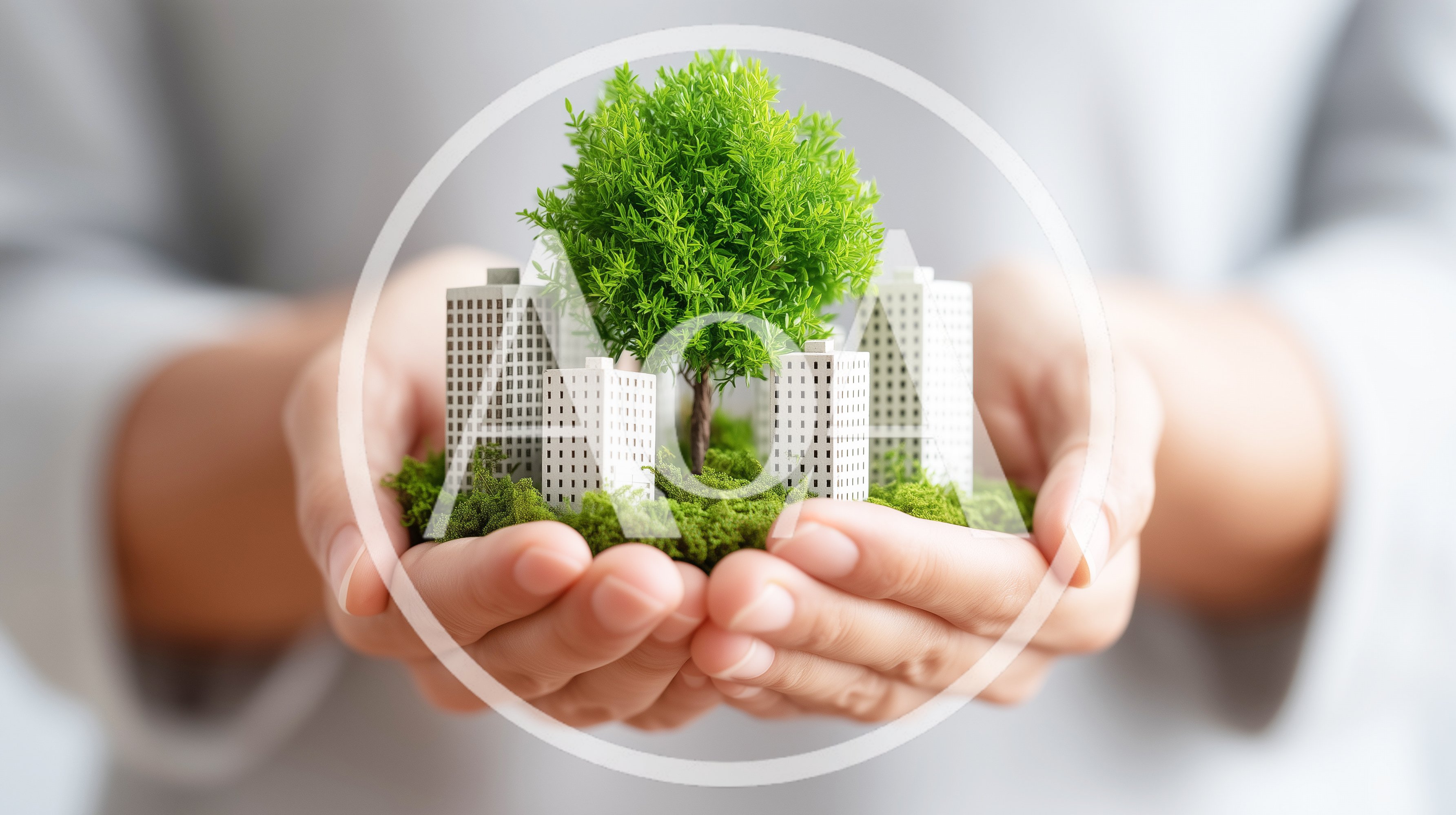 Hands Holding Miniature Buildings And A Green Tree