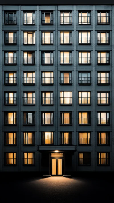 Illuminated Apartment Building Facade At Night