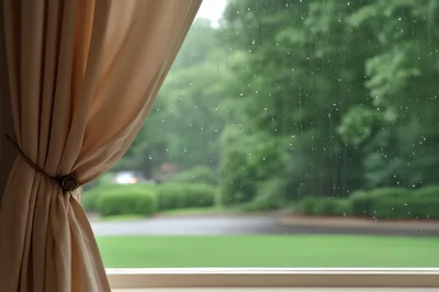 Raindrops On Window Pane With Beige Curtain