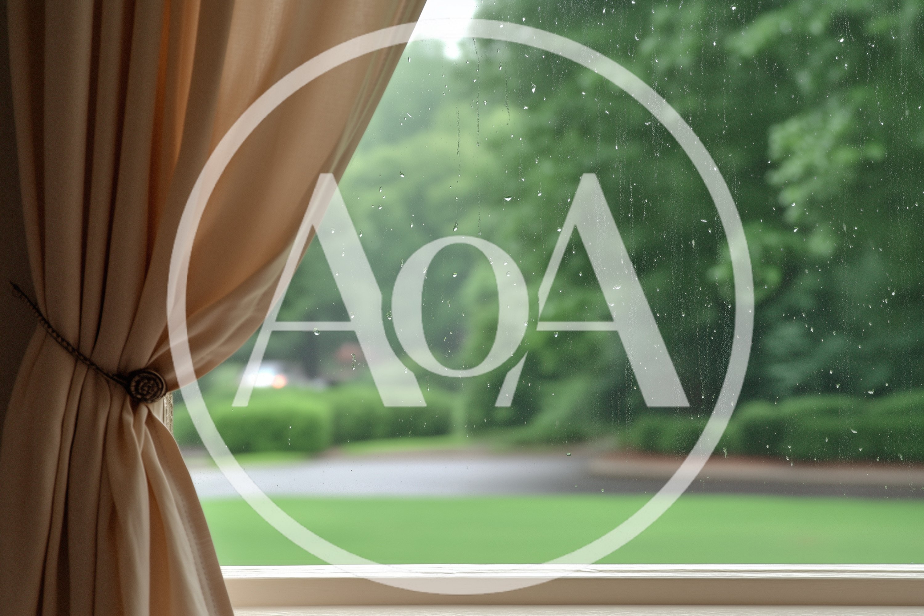 Raindrops On Window Pane With Beige Curtain