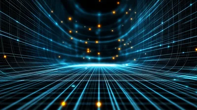 Abstract Digital Grid Tunnel With Glowing Data Nodes