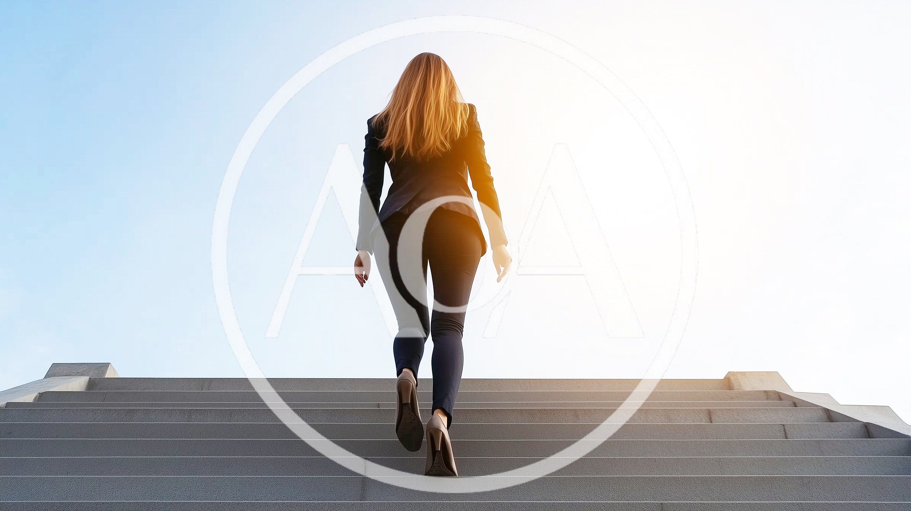 Businesswoman Walking Up Concrete Stairs Towards Bright Light