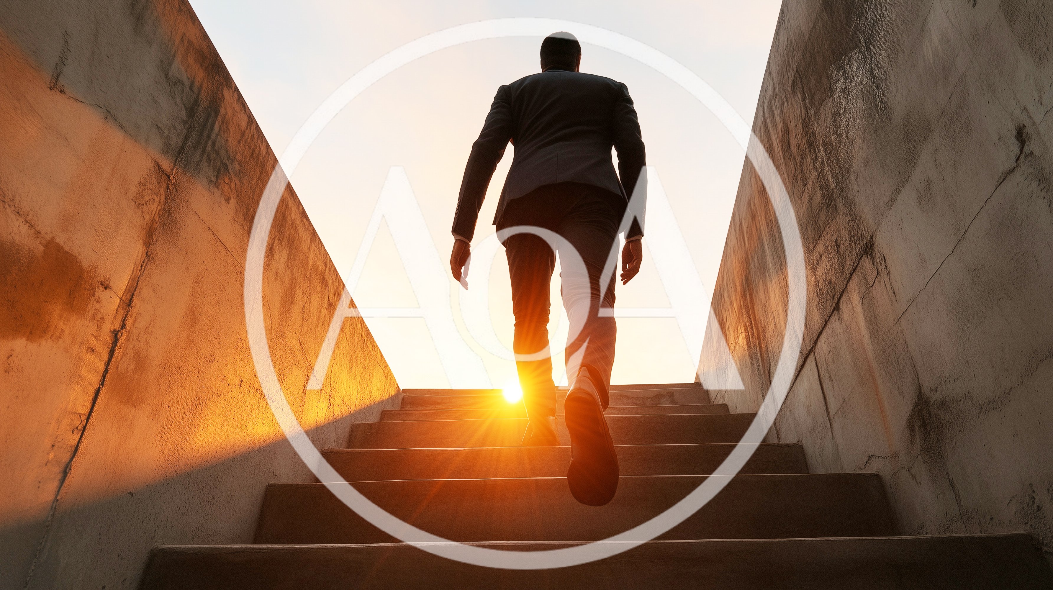 Businessman Walking Up Concrete Stairs Towards Bright Sunlight
