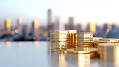 Stacks of Gold Coins Against Blurred City Skyline