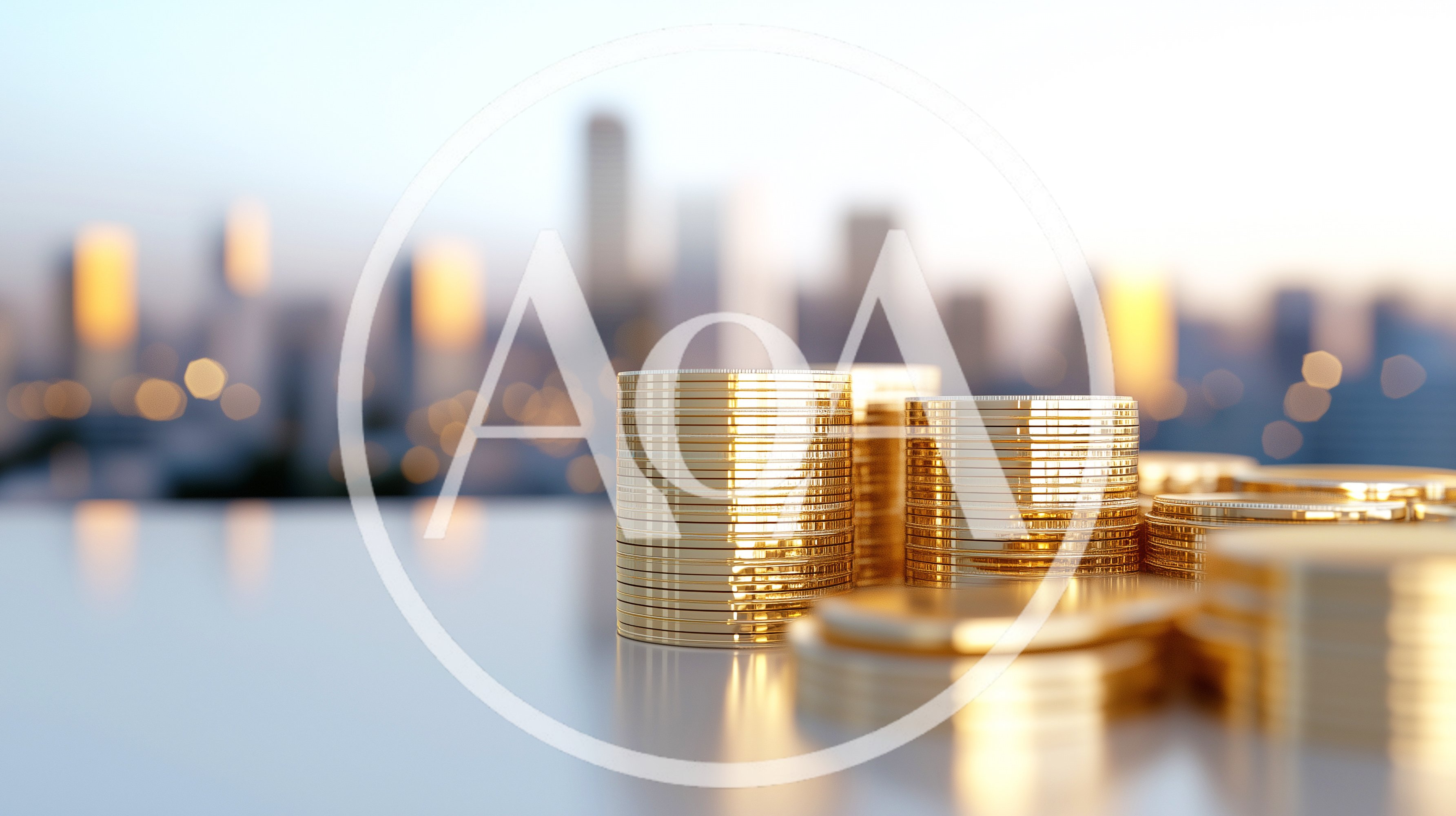 Stacks of Gold Coins Against Blurred City Skyline