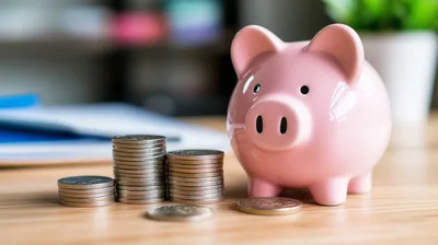Pink Piggy Bank With Stacks Of Coins On Desk