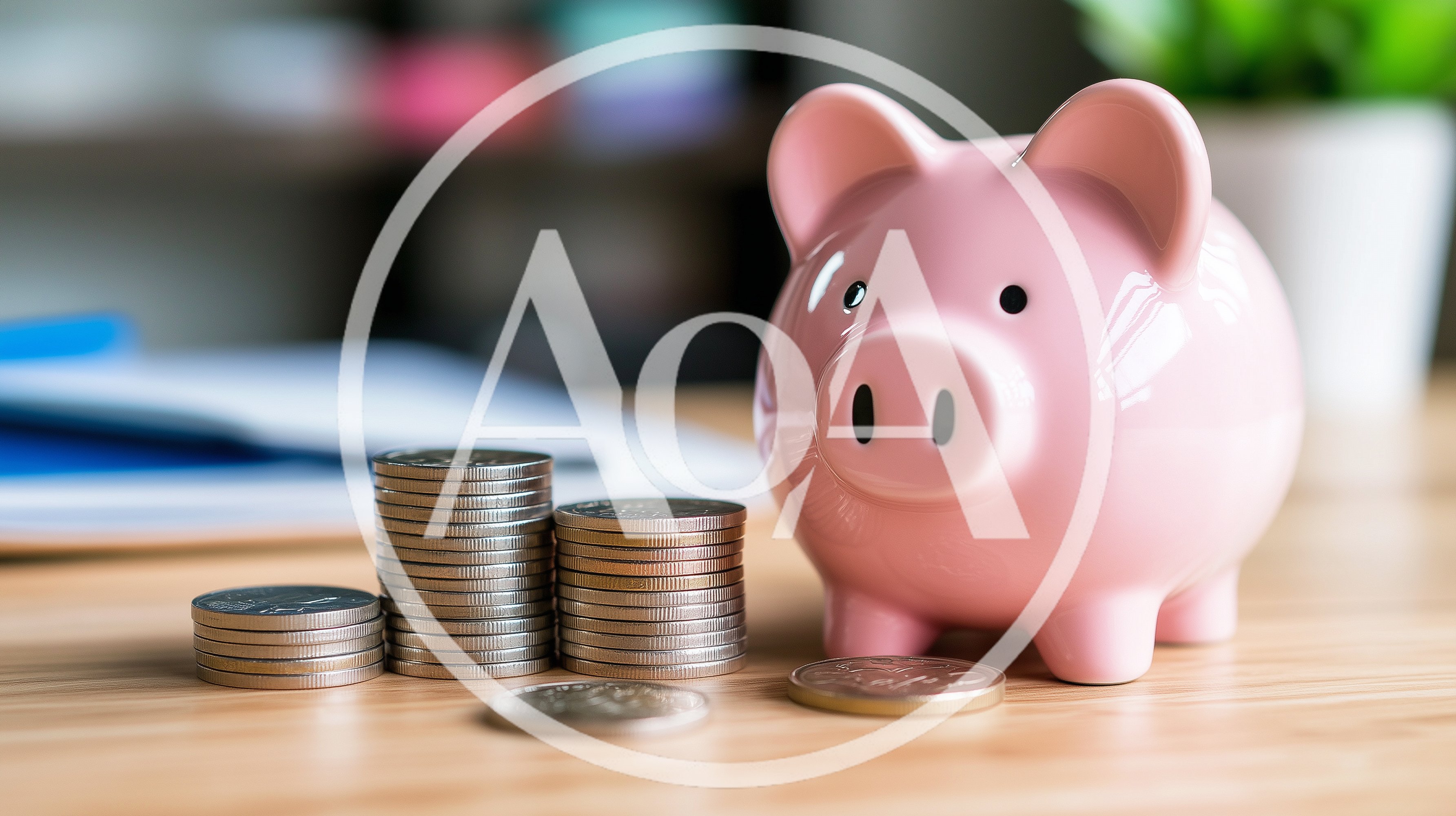 Pink Piggy Bank With Stacks Of Coins On Desk