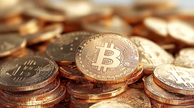 Stack of Golden Bitcoin Cryptocurrency Coins