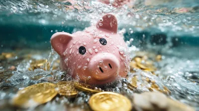 Pink Piggy Bank Submerged In Water With Gold Coins
