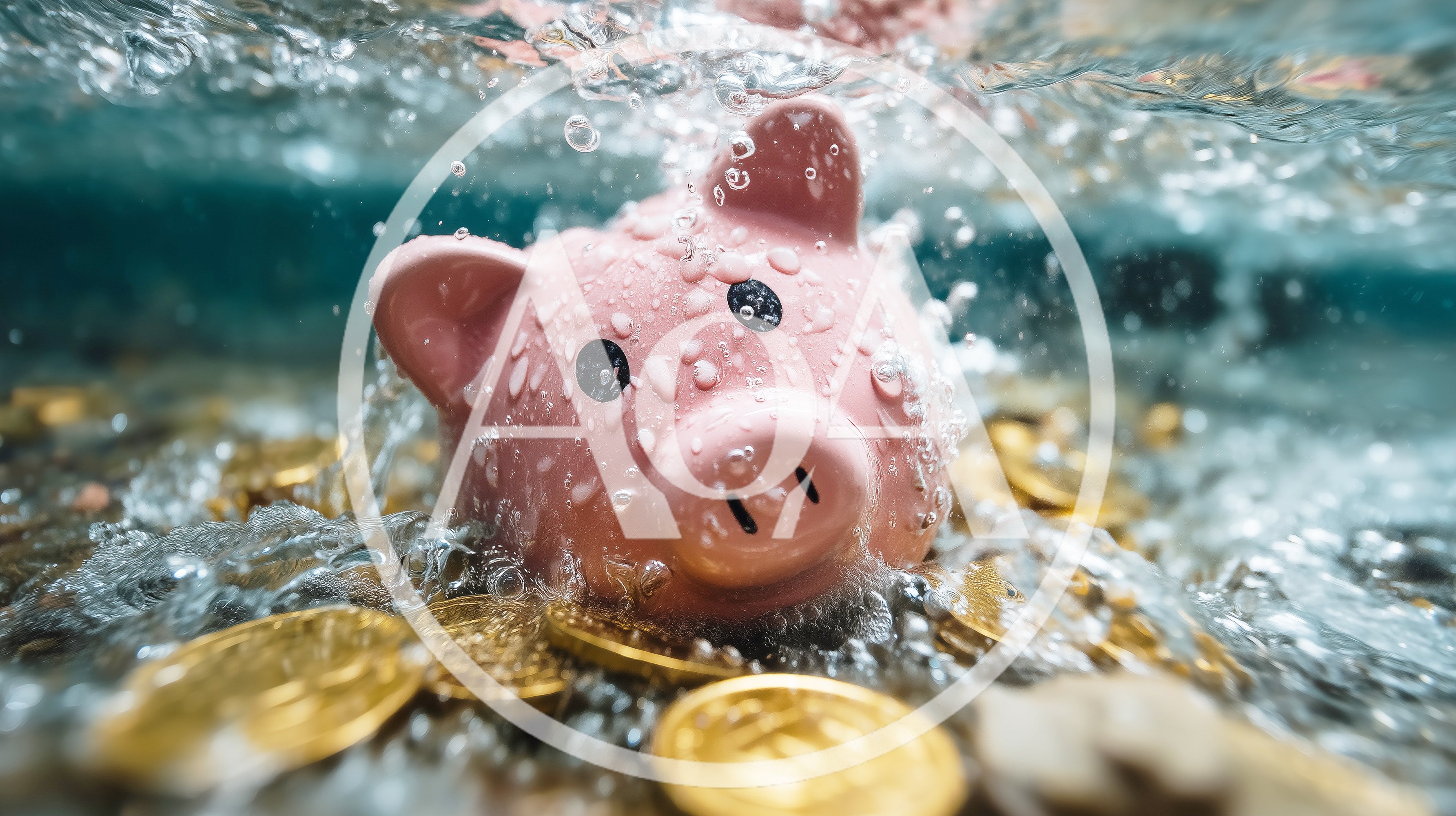 Pink Piggy Bank Submerged In Water With Gold Coins