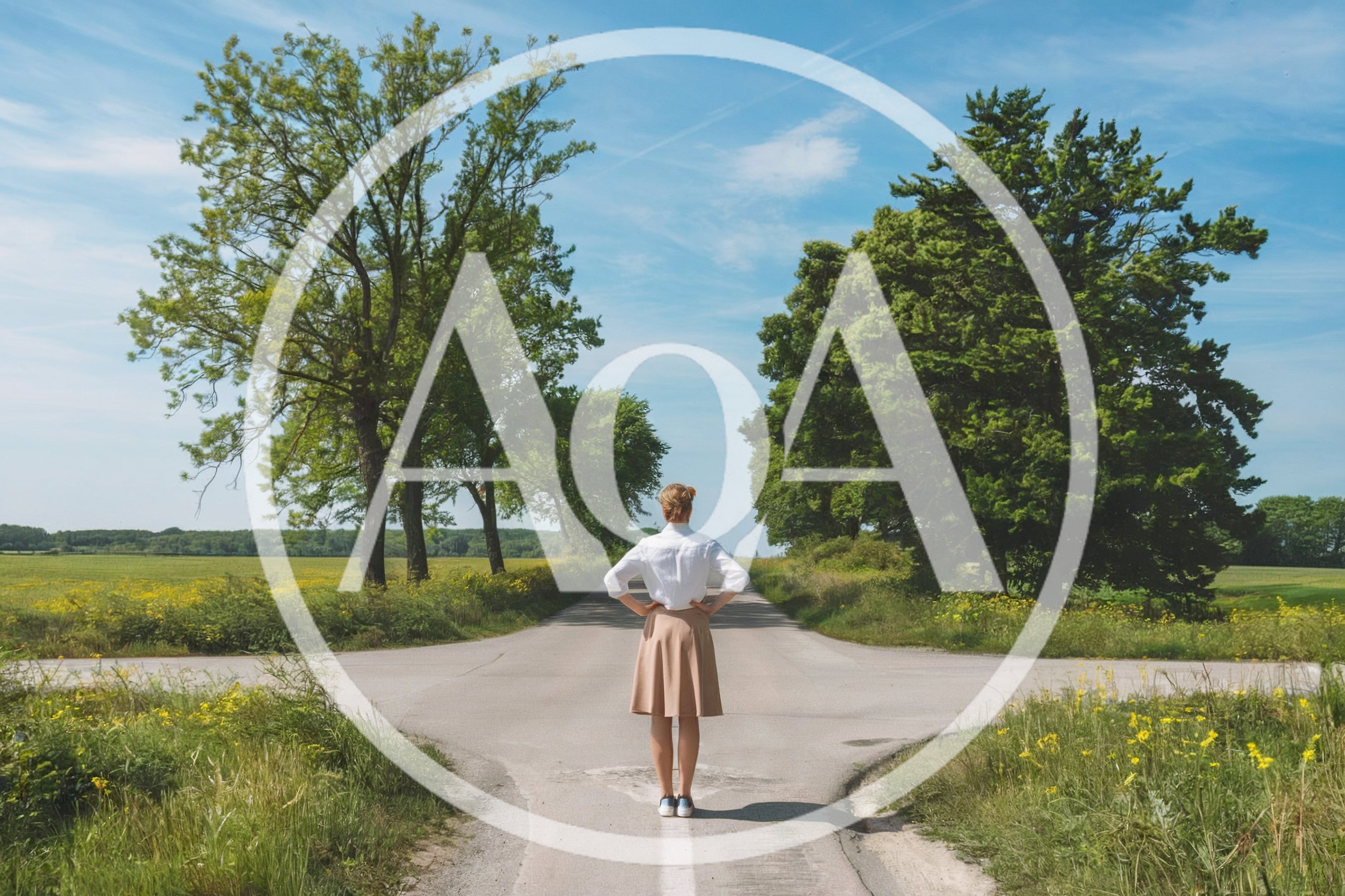 Woman Standing At A Crossroads In The Countryside