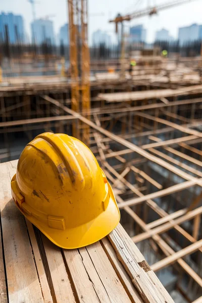Yellow Hard Hat Resting On Construction Site Scaffolding
