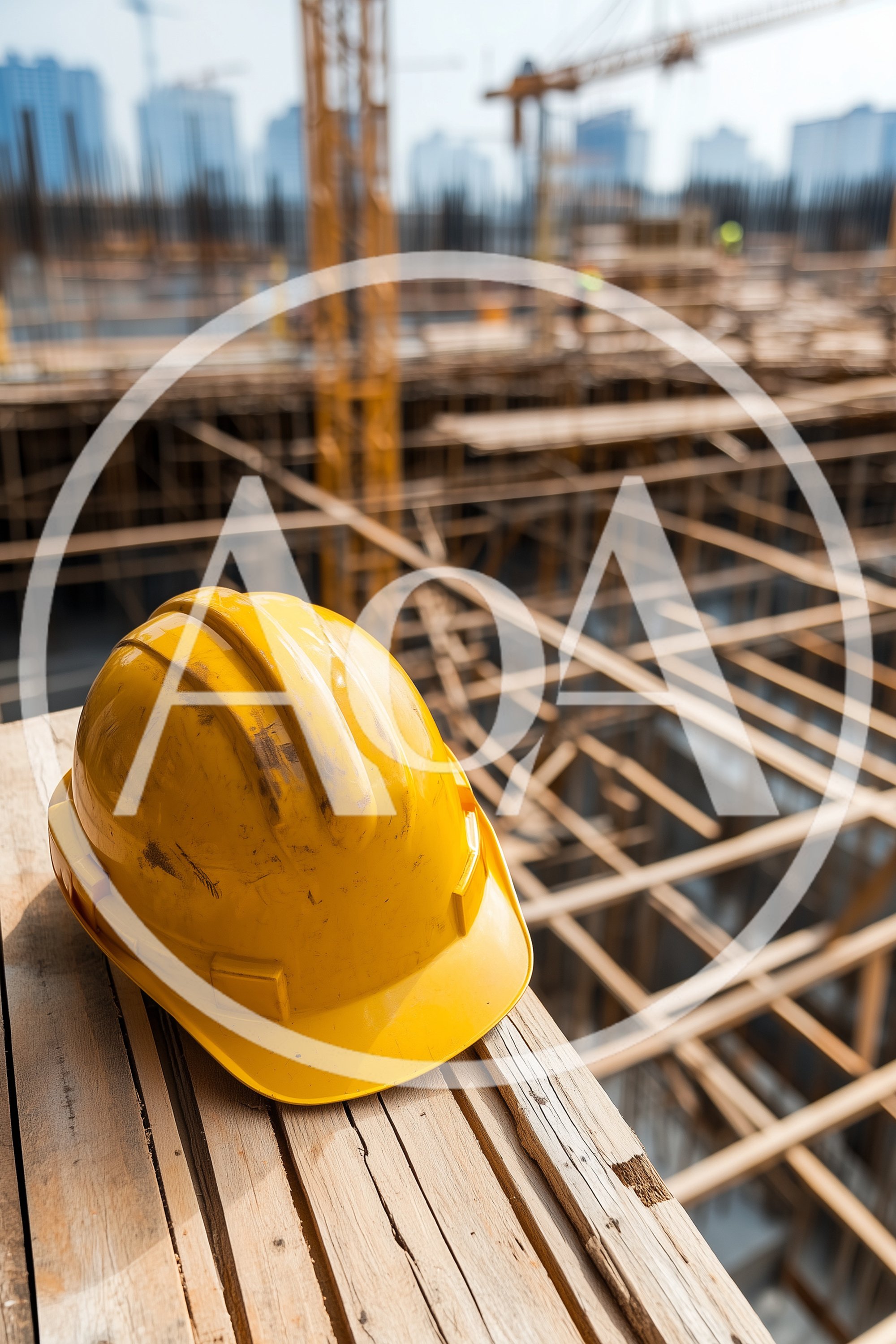 Yellow Hard Hat Resting On Construction Site Scaffolding
