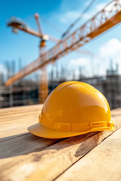 Yellow Construction Hard Hat On Wooden Planks