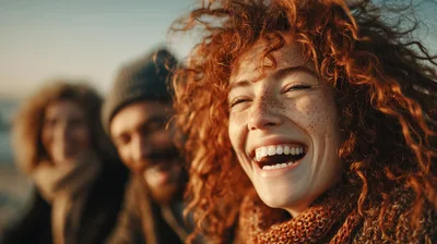 Happy Young Woman Laughing Outdoors With Friends