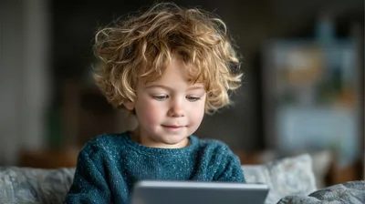 Young Boy With Curly Hair Using A Tablet
