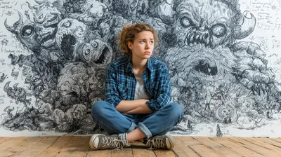 Sad Young Woman Sitting Against Monster Drawing Wall