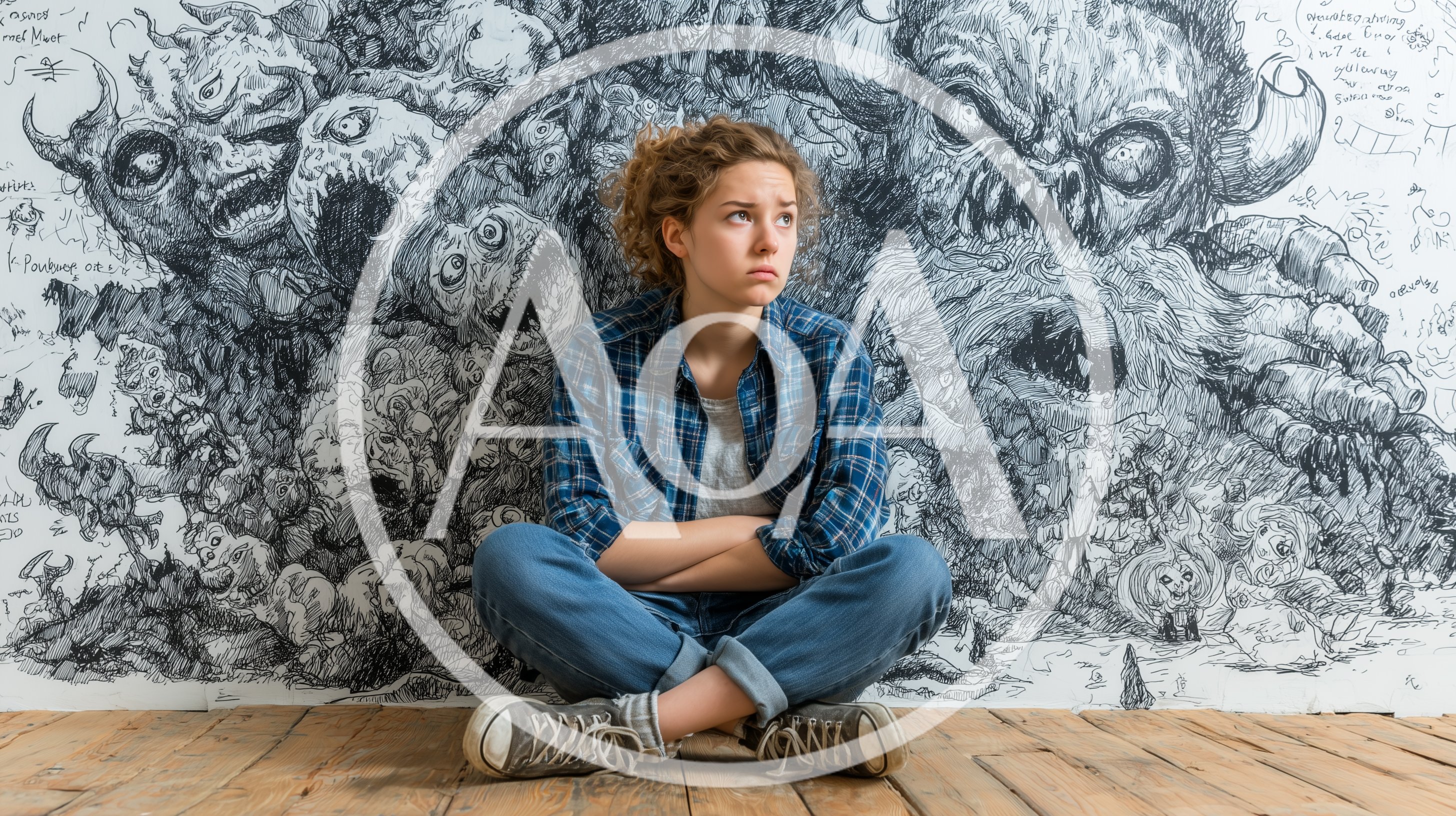 Sad Young Woman Sitting Against Monster Drawing Wall