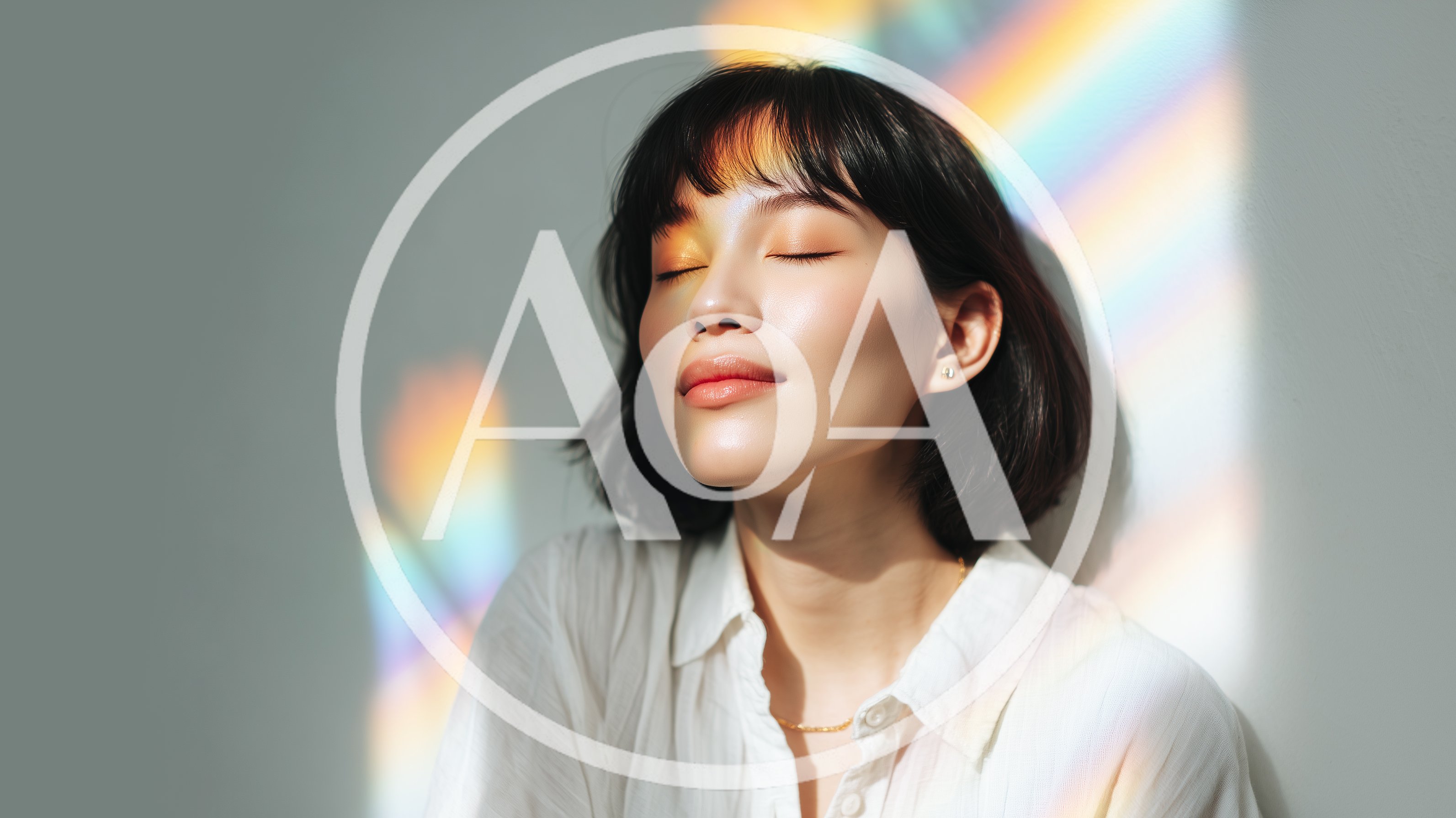 Young Woman With Rainbow Light Reflection On Face