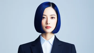 Professional Asian Woman With Blue Bob Haircut
