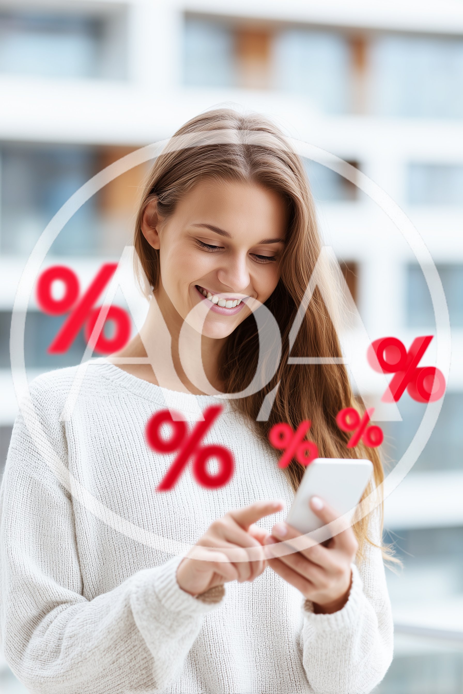 Young Woman Using Smartphone With Floating Percentage Symbols