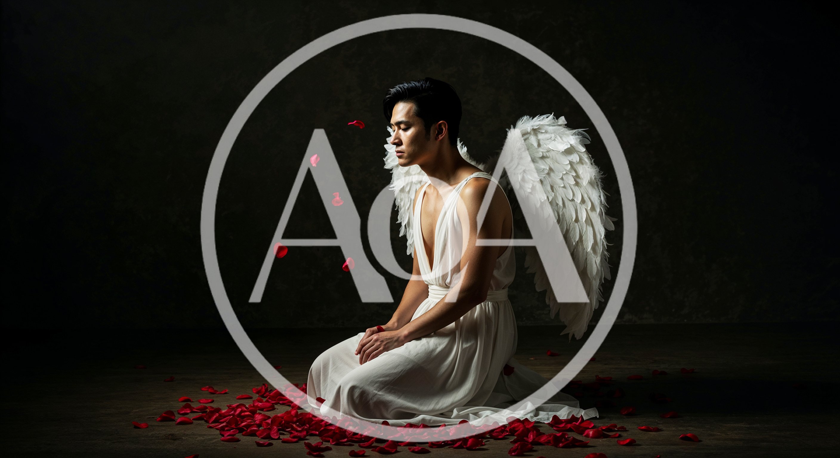 Young Asian Man Dressed As Angel Kneeling With Rose Petals