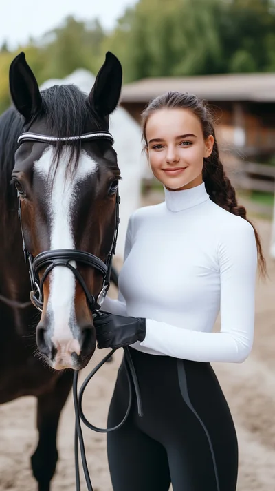 Young Equestrian Woman Standing With Her Horse