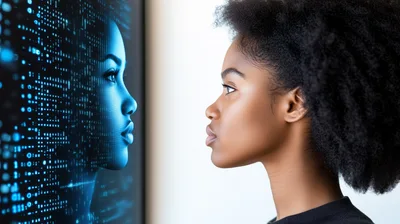 Young Woman Looking At Digital AI Face On Screen
