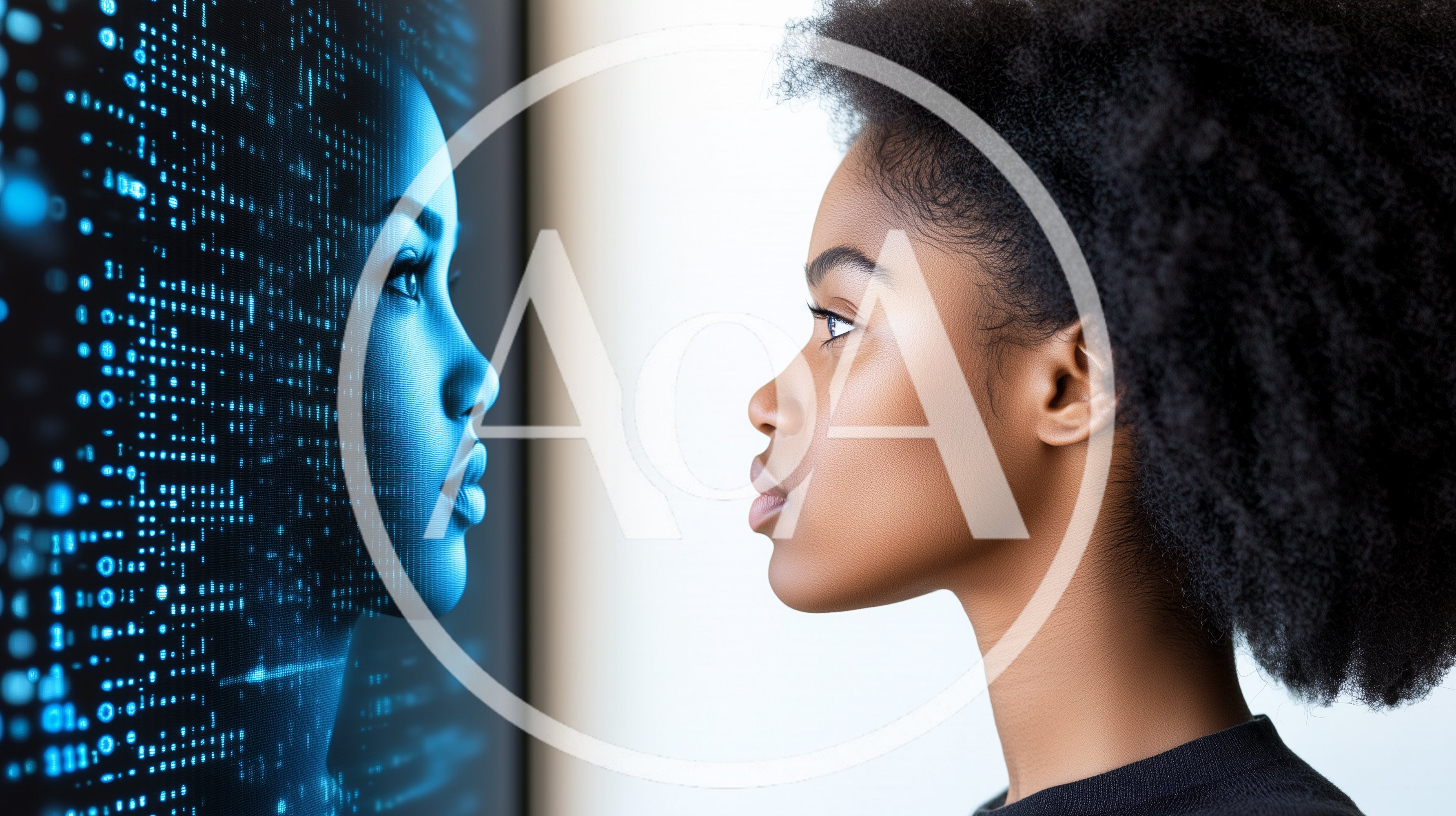 Young Woman Looking At Digital AI Face On Screen