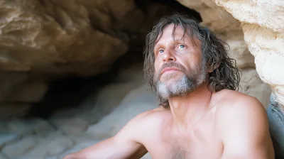 Shirtless Man With Long Hair Sitting In A Cave