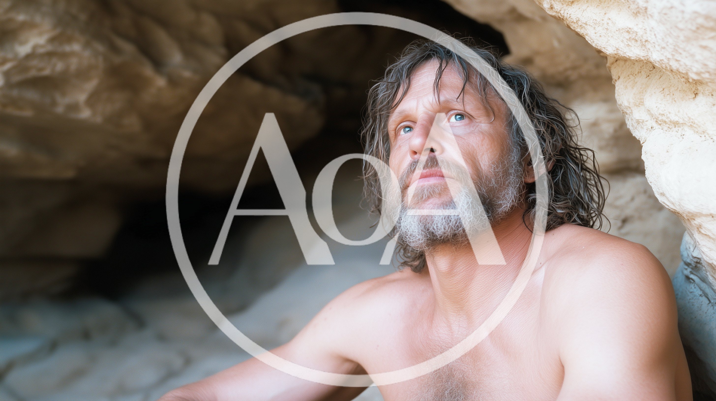 Shirtless Man With Long Hair Sitting In A Cave
