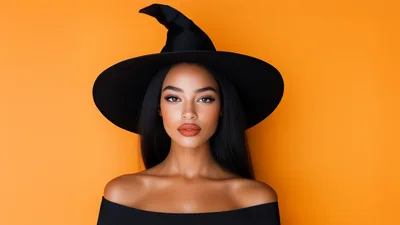 Portrait Of A Beautiful Woman Wearing A Witch Hat
