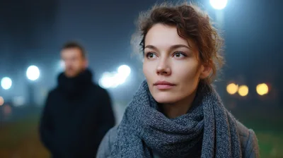 Young Woman Standing Outdoors With Blurred Man In Background