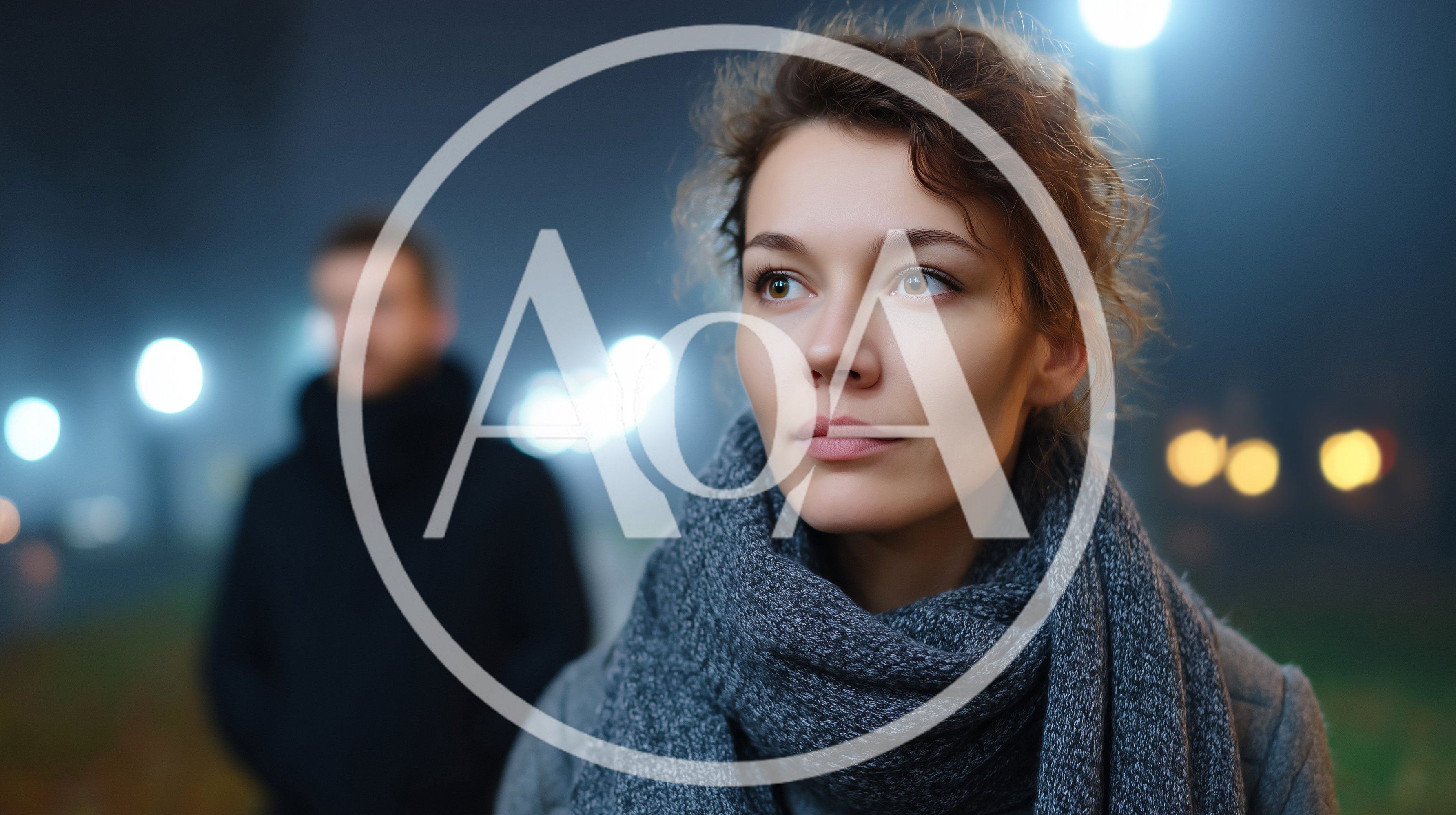 Young Woman Standing Outdoors With Blurred Man In Background