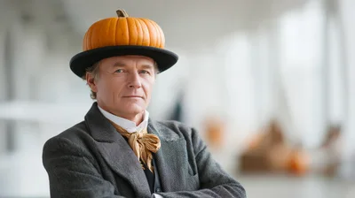 Portrait Of A Man Wearing A Pumpkin Hat