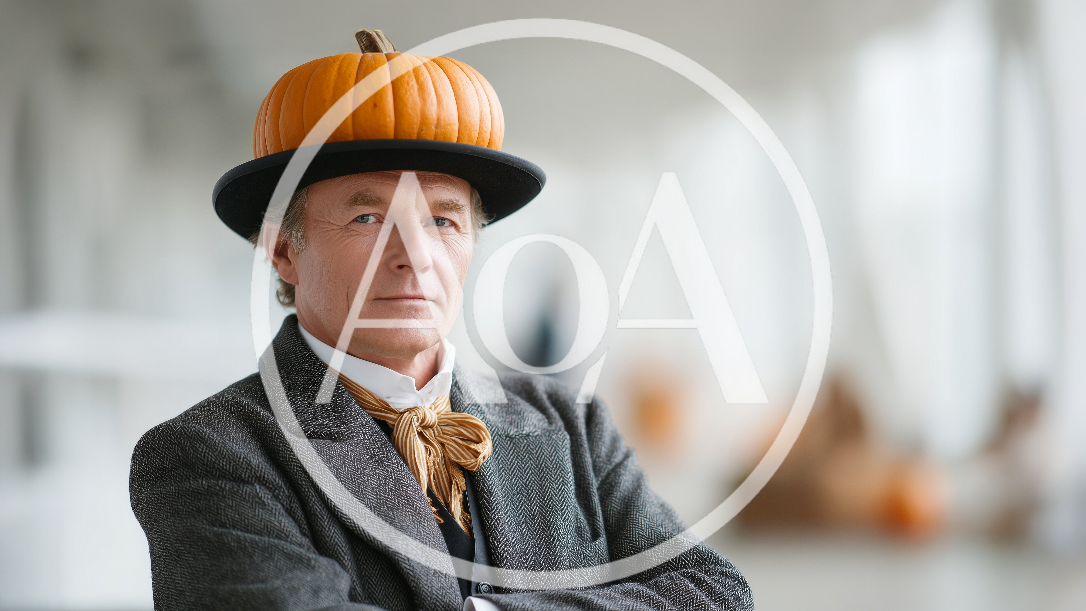 Portrait Of A Man Wearing A Pumpkin Hat