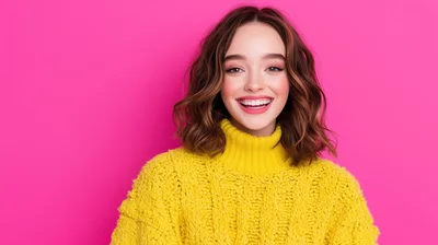 Portrait Of A Smiling Young Woman In Yellow Sweater